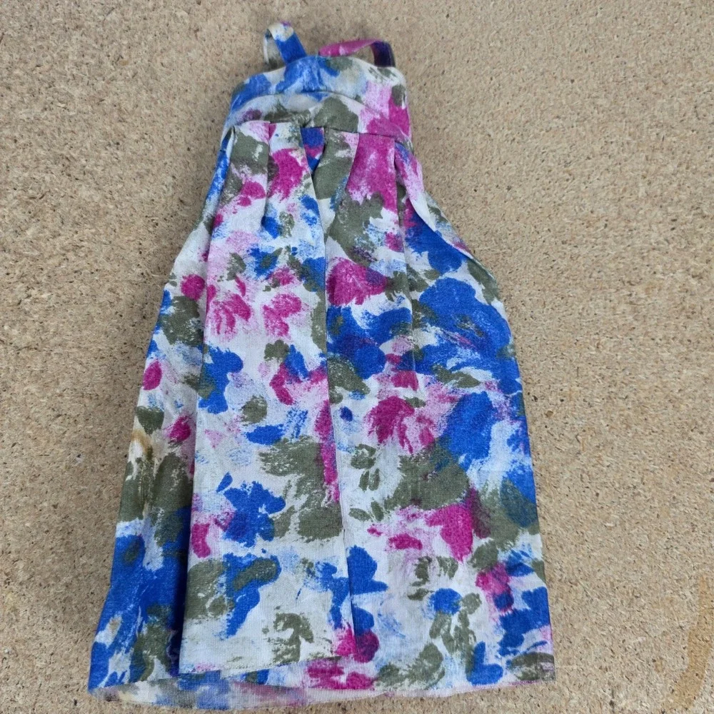 Vintage Handmade Floral barbie Dress Watercolor Pleated‎ Snap Back Blue Pink